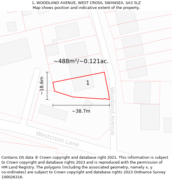 1, WOODLAND AVENUE, WEST CROSS, SWANSEA, SA3 5LZ: Plot and title map