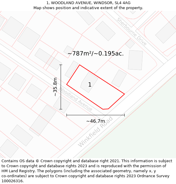 1, WOODLAND AVENUE, WINDSOR, SL4 4AG: Plot and title map