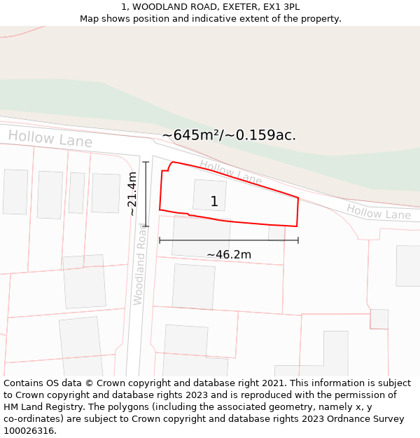 1, WOODLAND ROAD, EXETER, EX1 3PL: Plot and title map