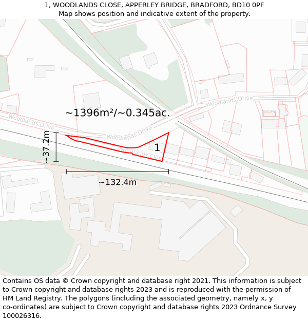 1, WOODLANDS CLOSE, APPERLEY BRIDGE, BRADFORD, BD10 0PF: Plot and title map