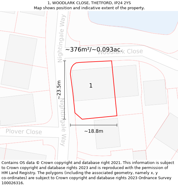 1, WOODLARK CLOSE, THETFORD, IP24 2YS: Plot and title map