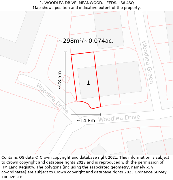 1, WOODLEA DRIVE, MEANWOOD, LEEDS, LS6 4SQ: Plot and title map