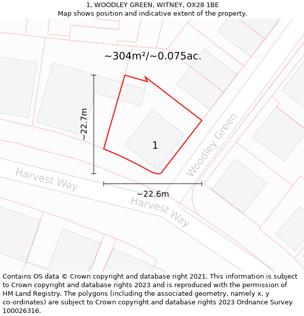 1, WOODLEY GREEN, WITNEY, OX28 1BE: Plot and title map