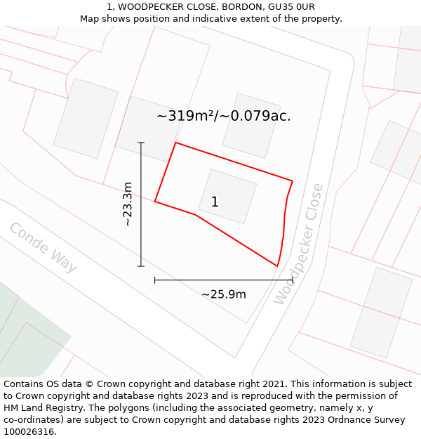 1, WOODPECKER CLOSE, BORDON, GU35 0UR: Plot and title map