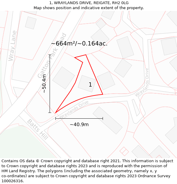 1, WRAYLANDS DRIVE, REIGATE, RH2 0LG: Plot and title map