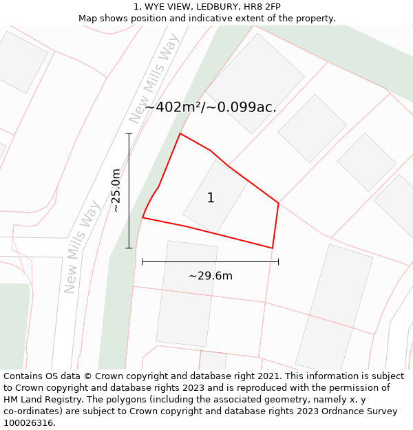 1, WYE VIEW, LEDBURY, HR8 2FP: Plot and title map