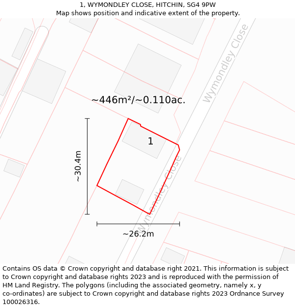 1, WYMONDLEY CLOSE, HITCHIN, SG4 9PW: Plot and title map