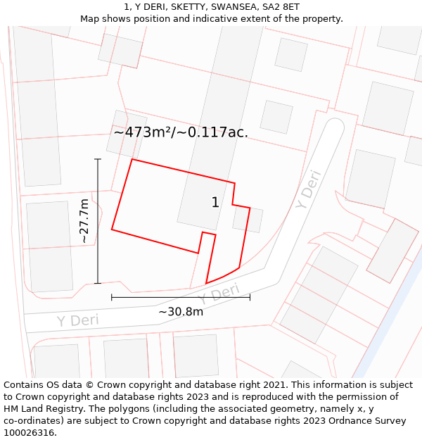 1, Y DERI, SKETTY, SWANSEA, SA2 8ET: Plot and title map