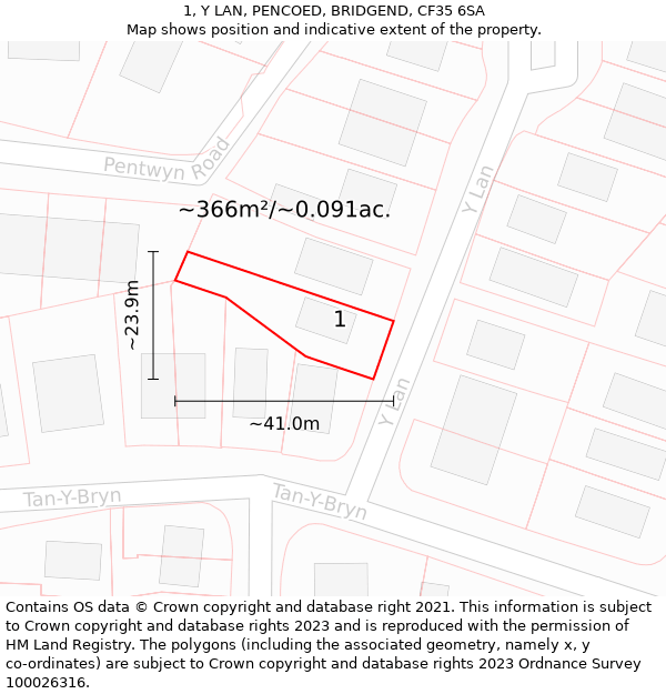 1, Y LAN, PENCOED, BRIDGEND, CF35 6SA: Plot and title map