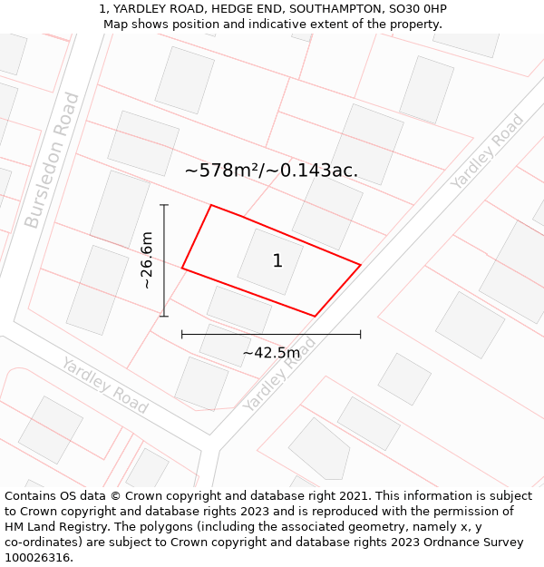 1, YARDLEY ROAD, HEDGE END, SOUTHAMPTON, SO30 0HP: Plot and title map