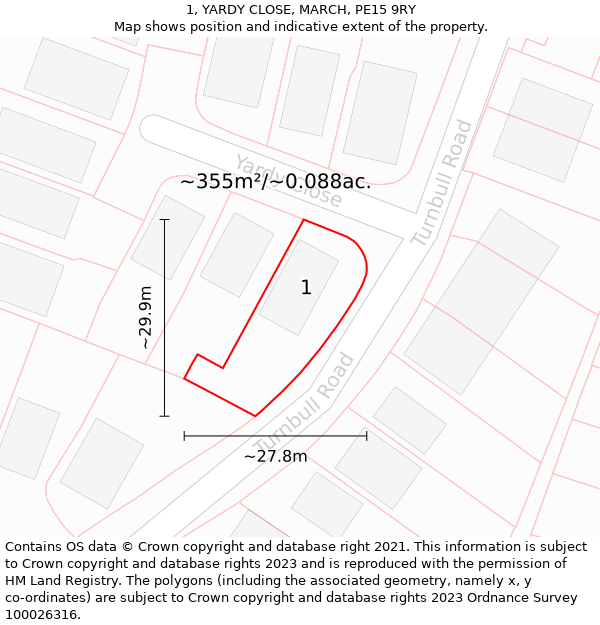 1, YARDY CLOSE, MARCH, PE15 9RY: Plot and title map