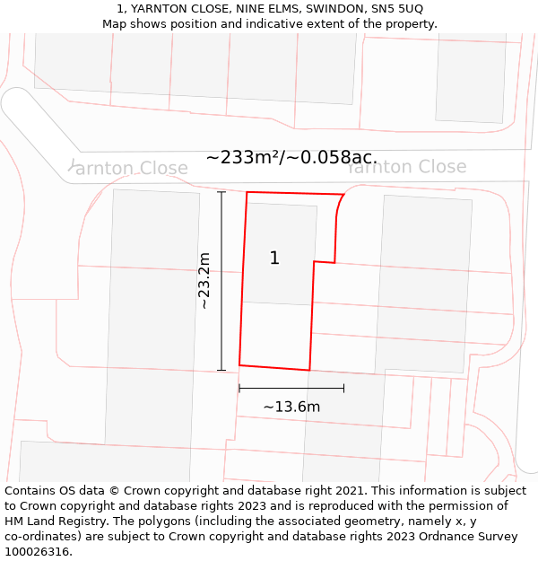 1, YARNTON CLOSE, NINE ELMS, SWINDON, SN5 5UQ: Plot and title map