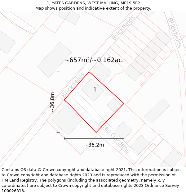 1, YATES GARDENS, WEST MALLING, ME19 5FP: Plot and title map