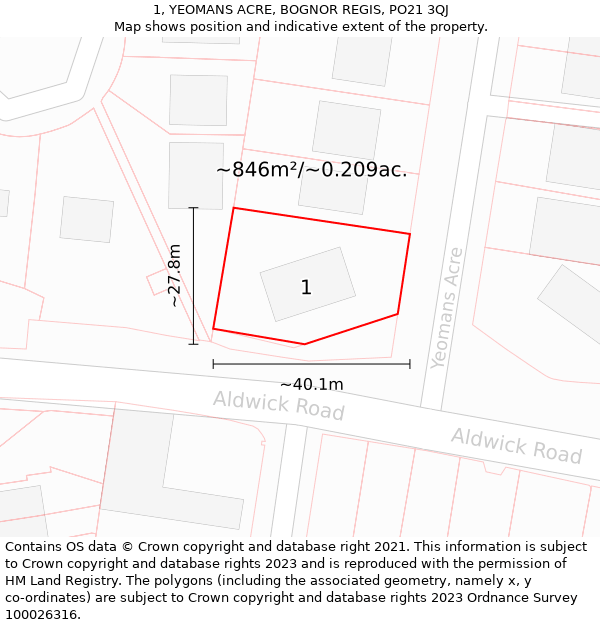 1, YEOMANS ACRE, BOGNOR REGIS, PO21 3QJ: Plot and title map