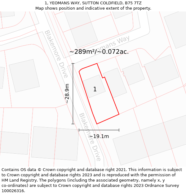 1, YEOMANS WAY, SUTTON COLDFIELD, B75 7TZ: Plot and title map