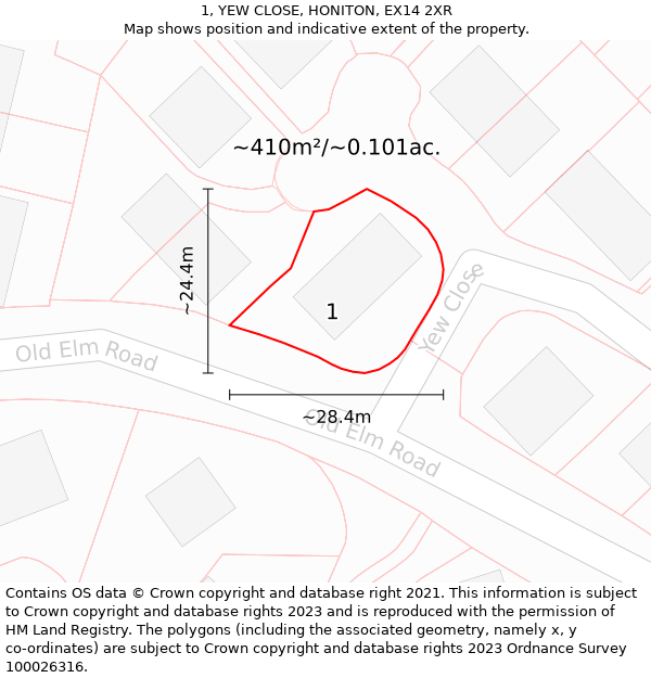 1, YEW CLOSE, HONITON, EX14 2XR: Plot and title map