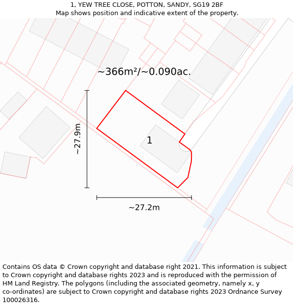 1, YEW TREE CLOSE, POTTON, SANDY, SG19 2BF: Plot and title map