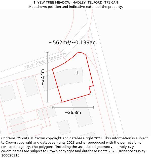 1, YEW TREE MEADOW, HADLEY, TELFORD, TF1 6AN: Plot and title map