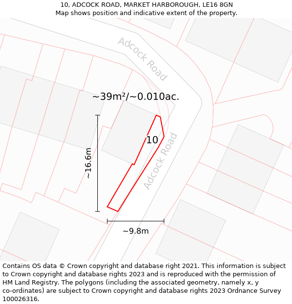 10, ADCOCK ROAD, MARKET HARBOROUGH, LE16 8GN: Plot and title map