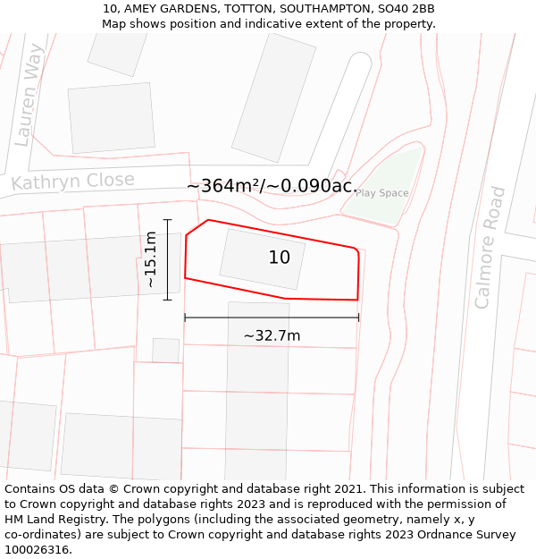 10, AMEY GARDENS, TOTTON, SOUTHAMPTON, SO40 2BB: Plot and title map