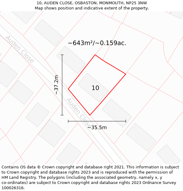 10, AUDEN CLOSE, OSBASTON, MONMOUTH, NP25 3NW: Plot and title map
