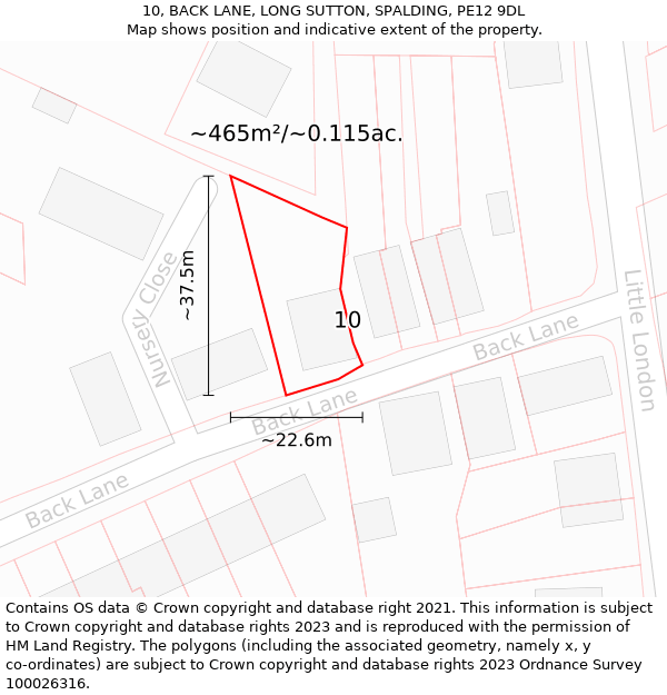 10, BACK LANE, LONG SUTTON, SPALDING, PE12 9DL: Plot and title map