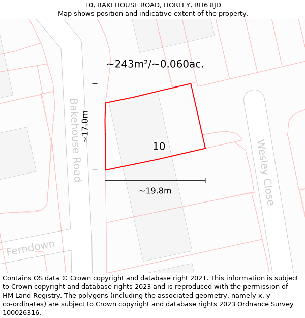 10, BAKEHOUSE ROAD, HORLEY, RH6 8JD: Plot and title map