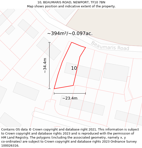 10, BEAUMARIS ROAD, NEWPORT, TF10 7BN: Plot and title map