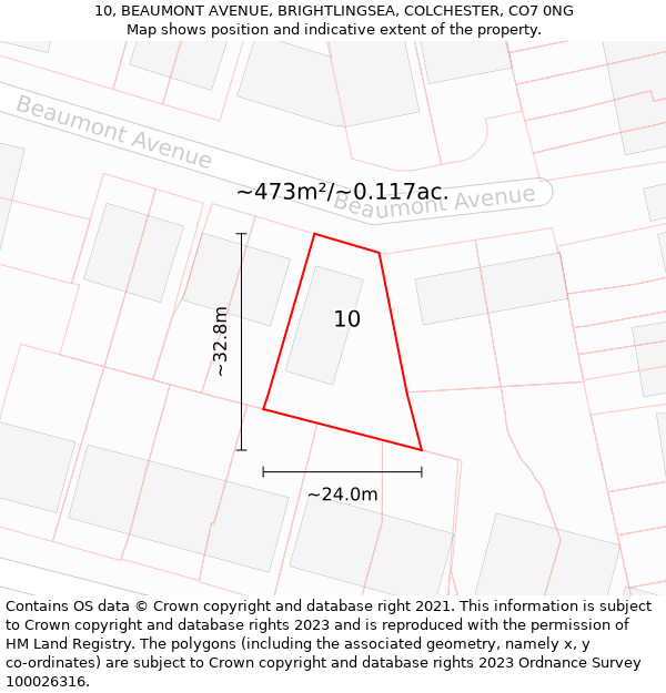 10, BEAUMONT AVENUE, BRIGHTLINGSEA, COLCHESTER, CO7 0NG: Plot and title map