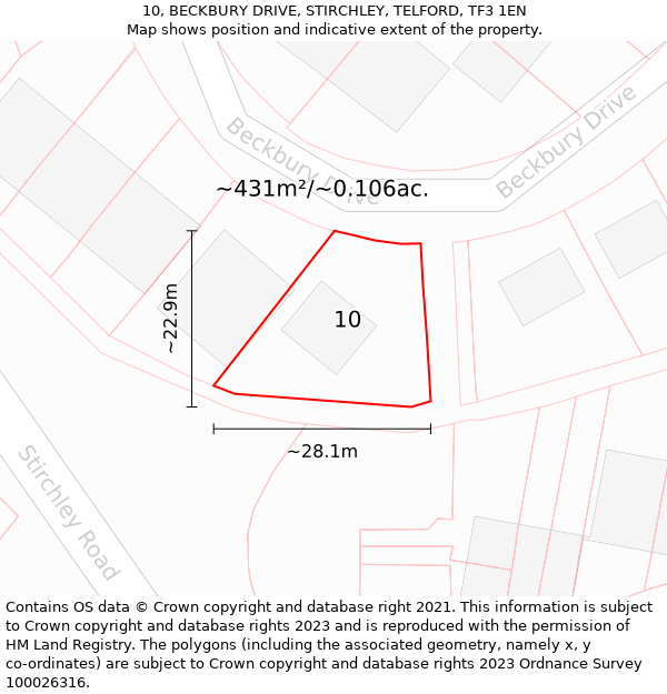10, BECKBURY DRIVE, STIRCHLEY, TELFORD, TF3 1EN: Plot and title map