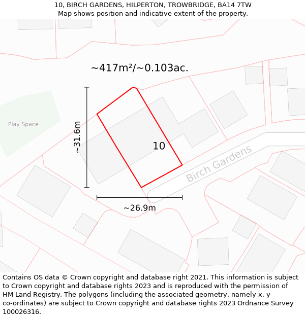 10, BIRCH GARDENS, HILPERTON, TROWBRIDGE, BA14 7TW: Plot and title map