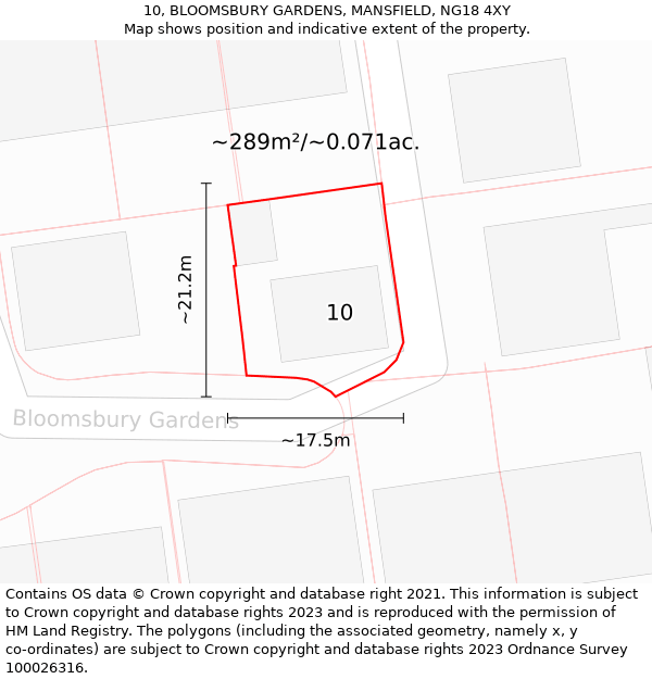 10, BLOOMSBURY GARDENS, MANSFIELD, NG18 4XY: Plot and title map
