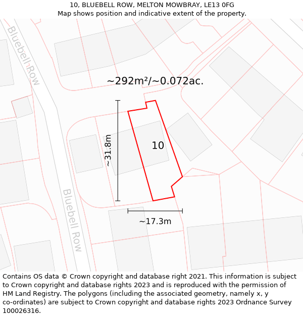 10, BLUEBELL ROW, MELTON MOWBRAY, LE13 0FG: Plot and title map