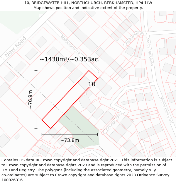 10, BRIDGEWATER HILL, NORTHCHURCH, BERKHAMSTED, HP4 1LW: Plot and title map