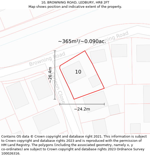 10, BROWNING ROAD, LEDBURY, HR8 2FT: Plot and title map