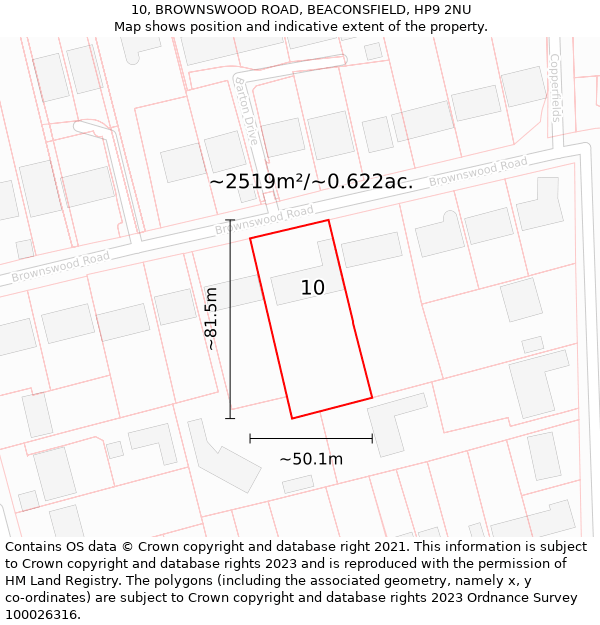 10, BROWNSWOOD ROAD, BEACONSFIELD, HP9 2NU: Plot and title map