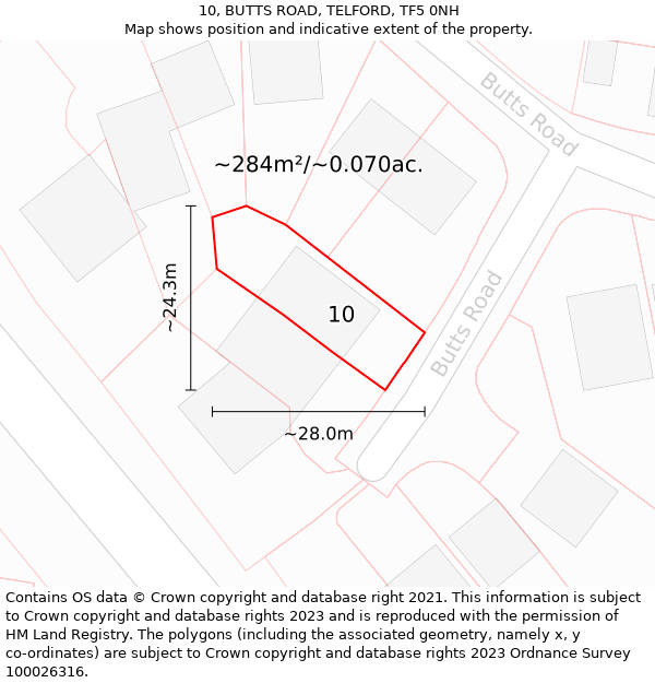 10, BUTTS ROAD, TELFORD, TF5 0NH: Plot and title map
