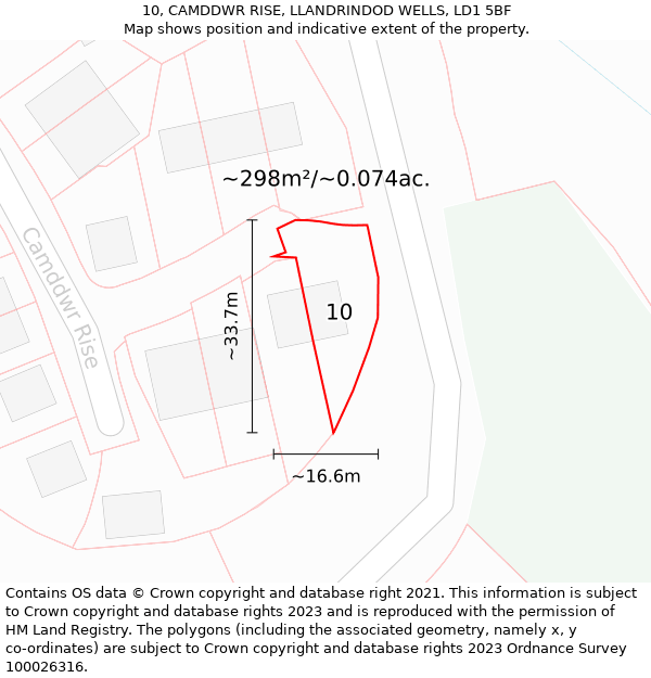 10, CAMDDWR RISE, LLANDRINDOD WELLS, LD1 5BF: Plot and title map