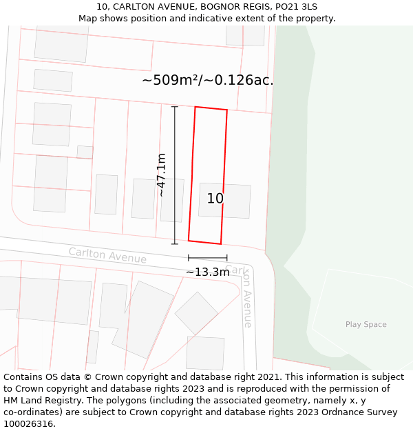 10, CARLTON AVENUE, BOGNOR REGIS, PO21 3LS: Plot and title map