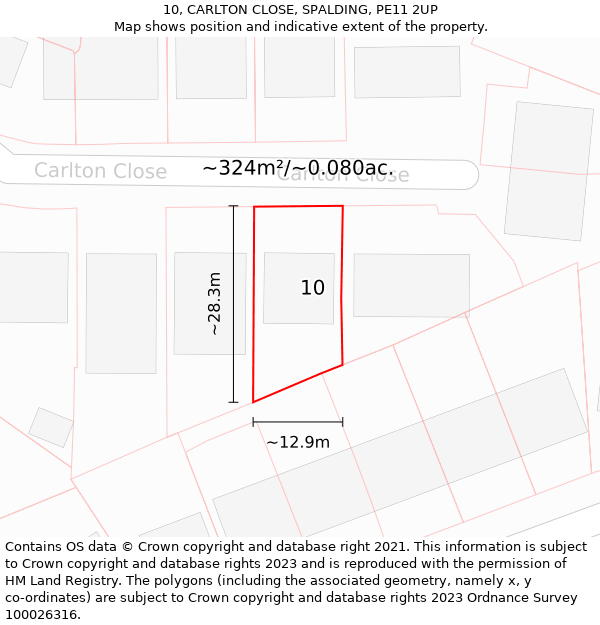 10, CARLTON CLOSE, SPALDING, PE11 2UP: Plot and title map