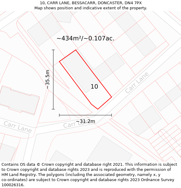 10, CARR LANE, BESSACARR, DONCASTER, DN4 7PX: Plot and title map