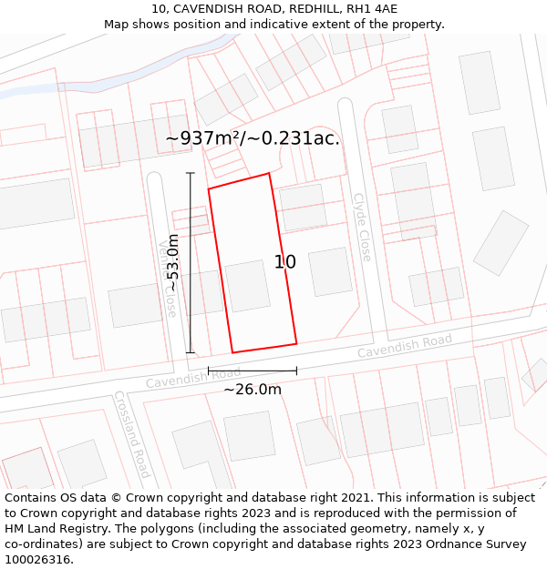 10, CAVENDISH ROAD, REDHILL, RH1 4AE: Plot and title map