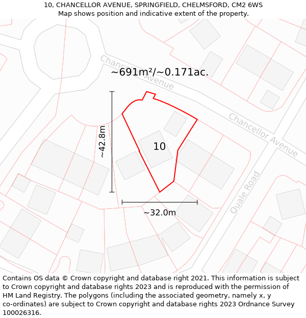 10, CHANCELLOR AVENUE, SPRINGFIELD, CHELMSFORD, CM2 6WS: Plot and title map