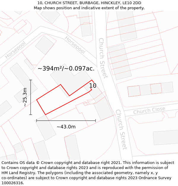 10, CHURCH STREET, BURBAGE, HINCKLEY, LE10 2DD: Plot and title map