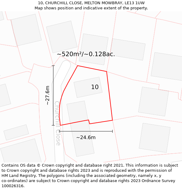 10, CHURCHILL CLOSE, MELTON MOWBRAY, LE13 1UW: Plot and title map