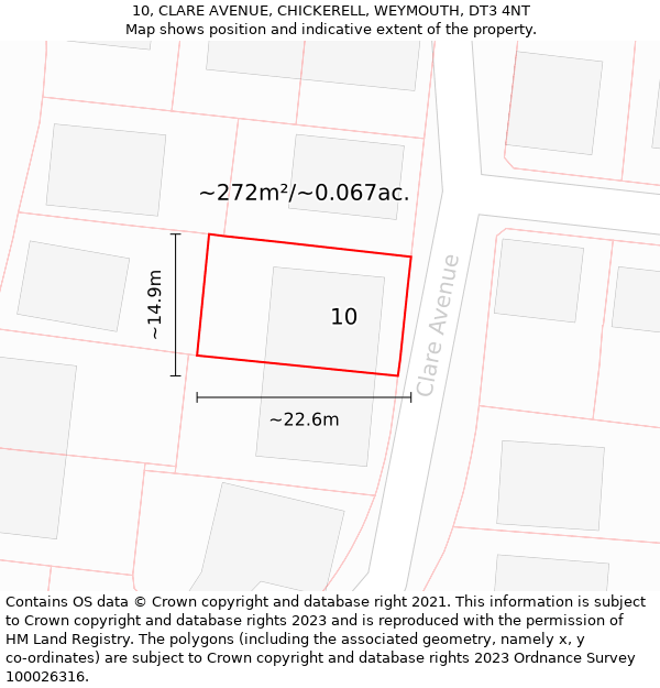 10, CLARE AVENUE, CHICKERELL, WEYMOUTH, DT3 4NT: Plot and title map