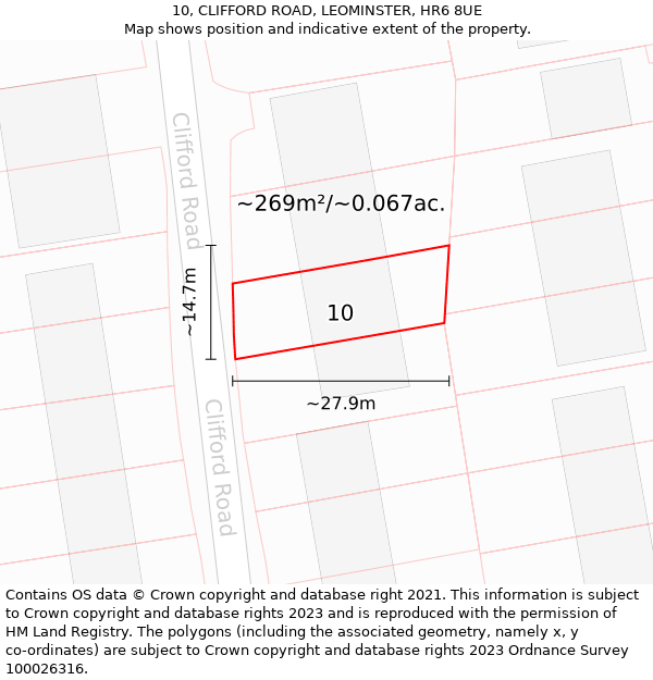 10, CLIFFORD ROAD, LEOMINSTER, HR6 8UE: Plot and title map