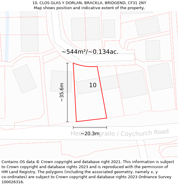 10, CLOS GLAS Y DORLAN, BRACKLA, BRIDGEND, CF31 2NY: Plot and title map