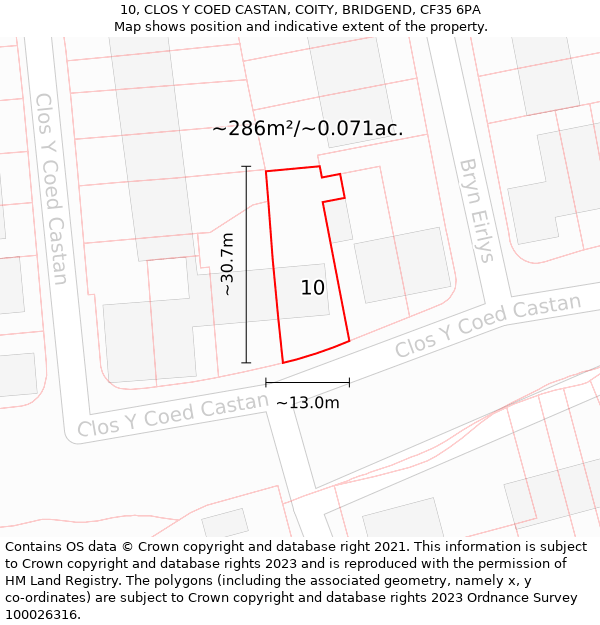 10, CLOS Y COED CASTAN, COITY, BRIDGEND, CF35 6PA: Plot and title map