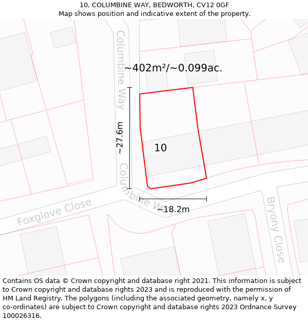 10, COLUMBINE WAY, BEDWORTH, CV12 0GF: Plot and title map